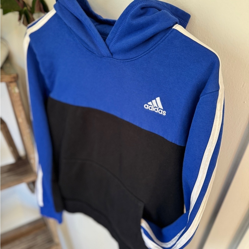 ✨ Adidas Kids Hoodie L (14/16) Blue Black Colorblock Sweatshirt 👟🤍 - Picture 4 of 6